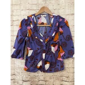 Tulle Top Womens Medium Purple Floral Ruffle Flared Sleeve Button Front Boho